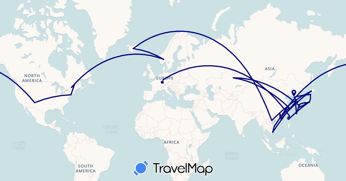 TravelMap itinerary: driving in Canada, China, Germany, France, Iceland, Japan, North Korea, South Korea, Kazakhstan, Norway, Taiwan, United States, Vietnam (Asia, Europe, North America)